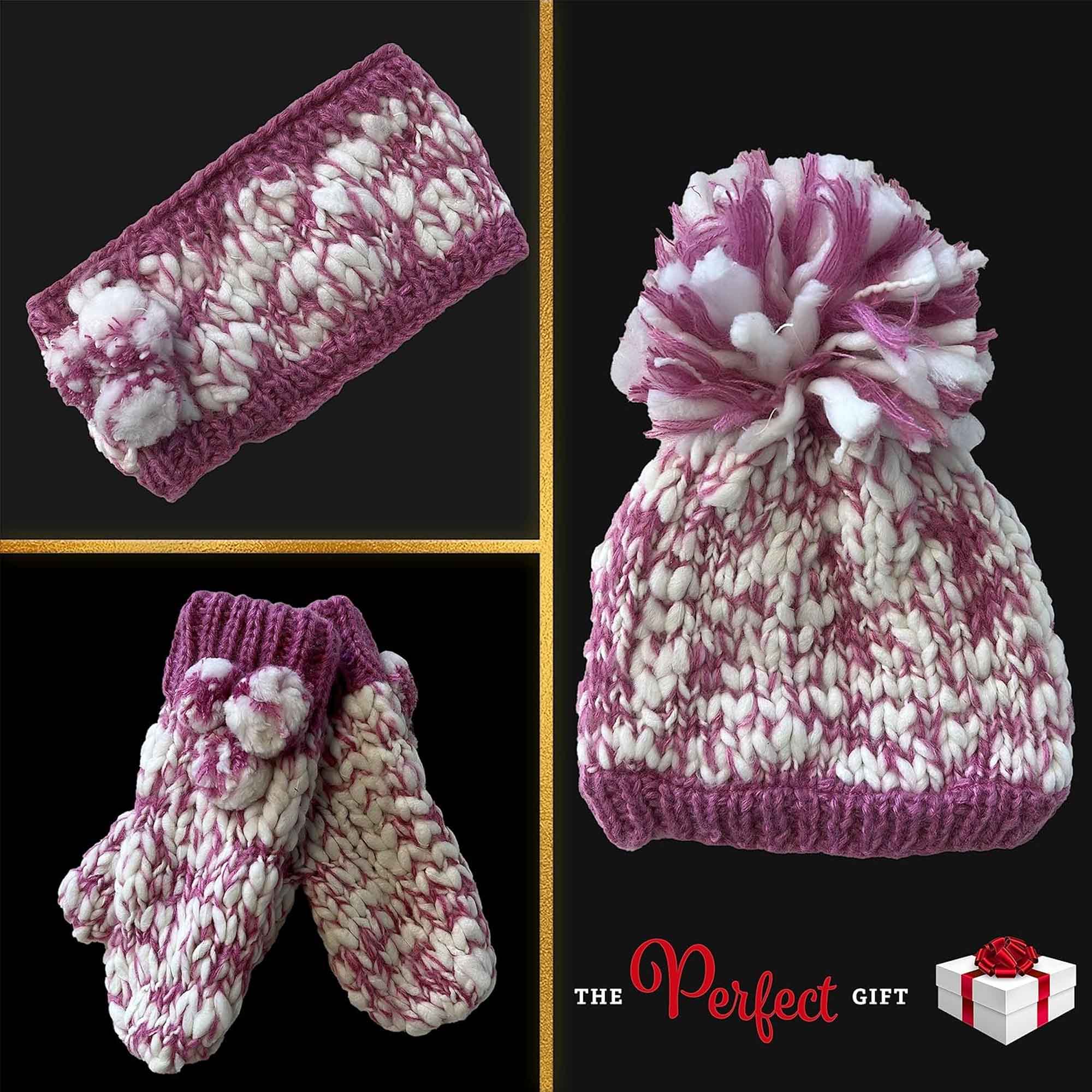 Women's Hand Knitted Daisy Pattern Winter Hat Headband Mittens Set In Red