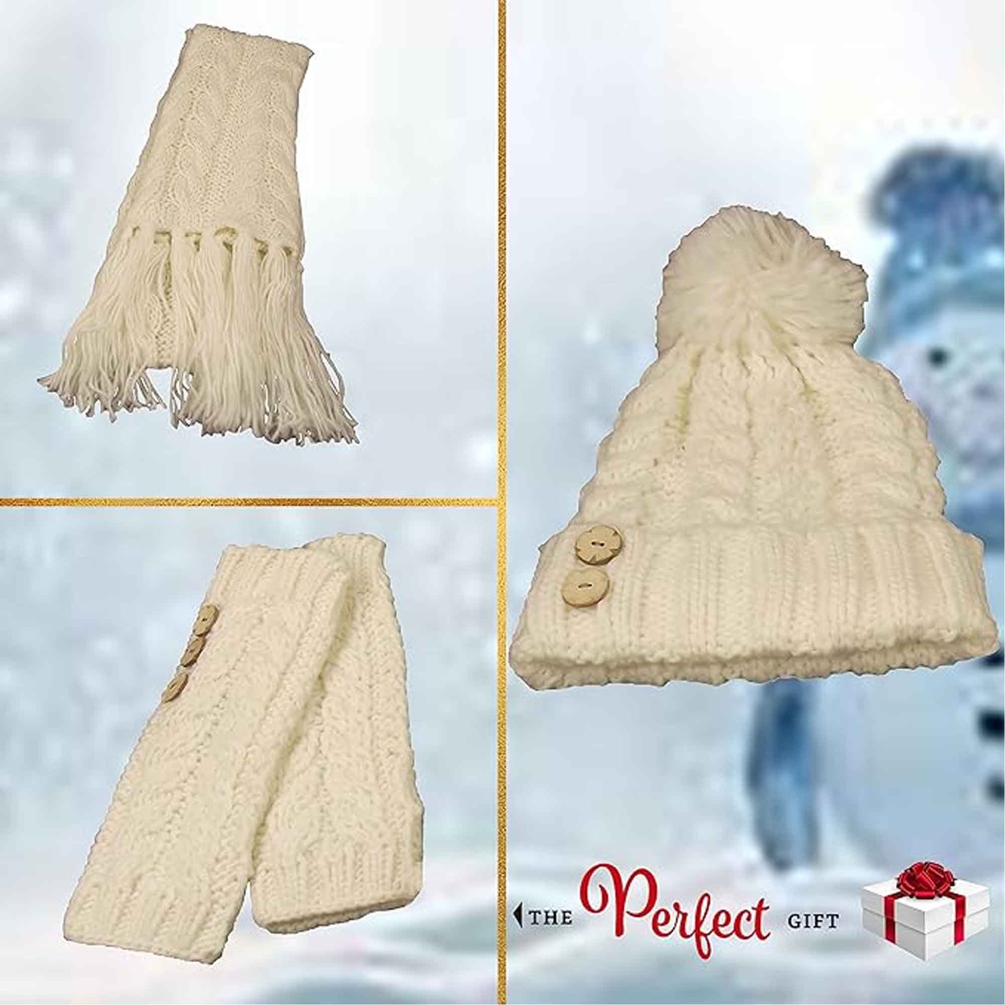 Women's Hand-Knitted Winter Hat Scarf And Hand Warmer Set With Inga Button