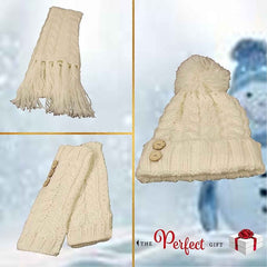 Women's Hand-Knitted Winter Hat Scarf And Hand Warmer Set With Inga Button