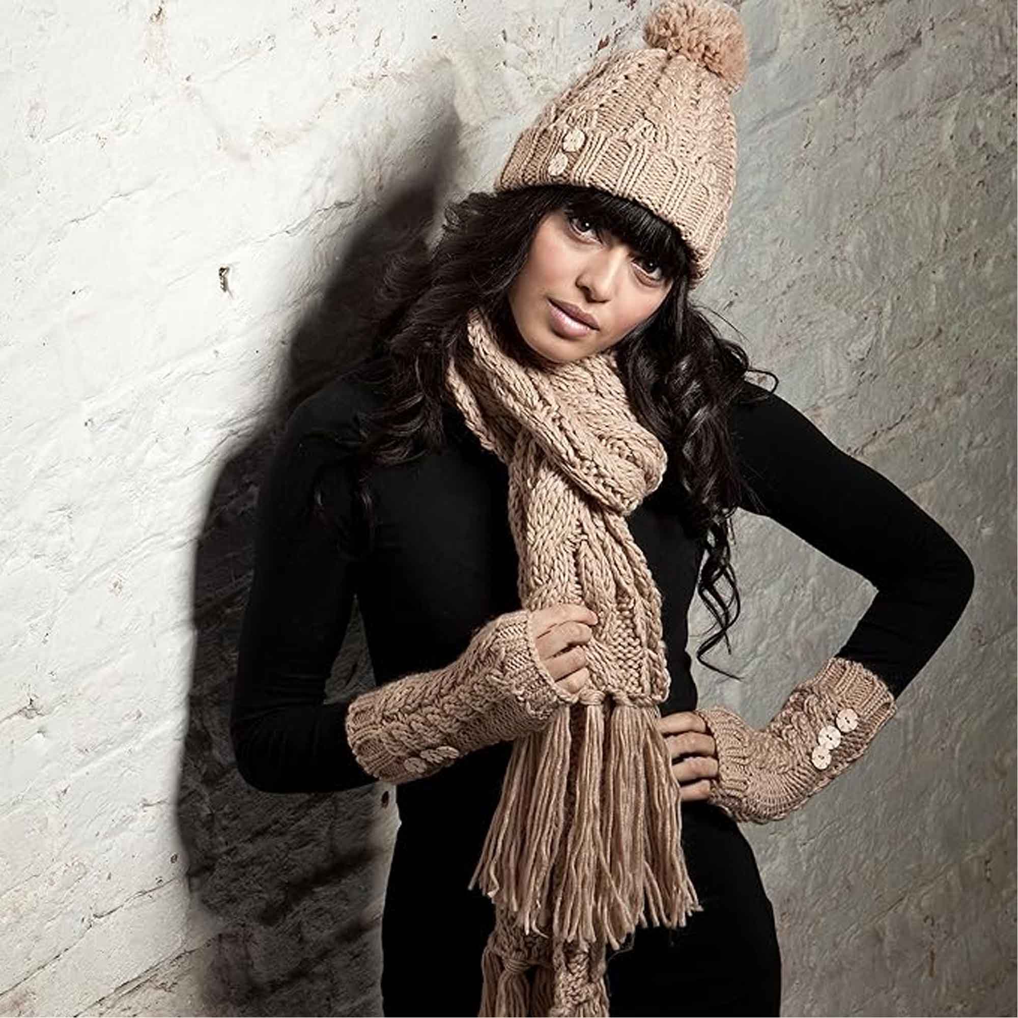 Women's Hand-Knitted Winter Hat Scarf And Hand Warmer Set With Inga Button
