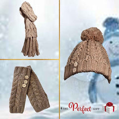 Women's Hand-Knitted Winter Hat Scarf And Hand Warmer Set With Inga Button