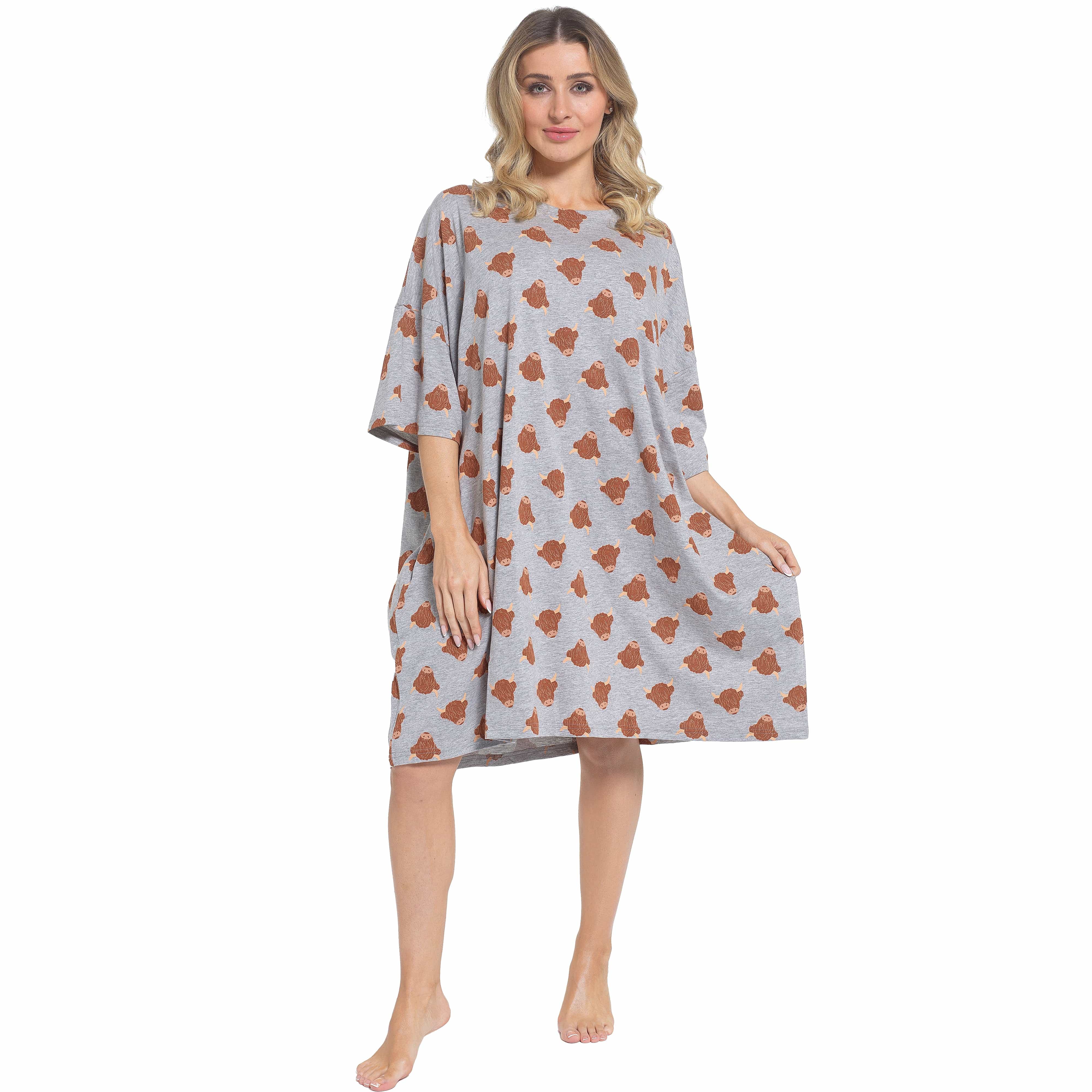 Women's Nightdress Cream Highland Cow 100% Cotton Soft Baggy Oversized Nightshirt