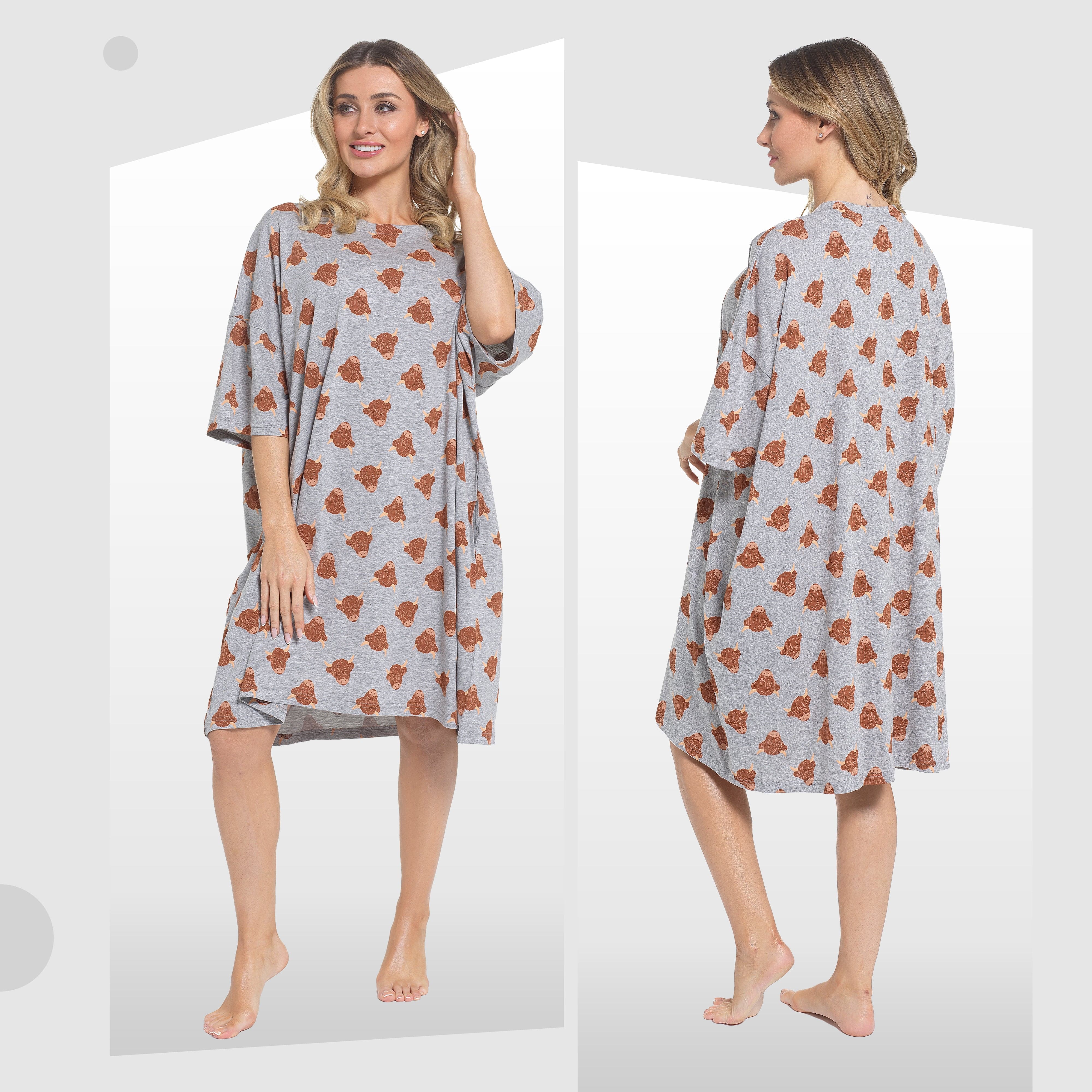 Women's Nightdress Cream Highland Cow 100% Cotton Soft Baggy Oversized Nightshirt