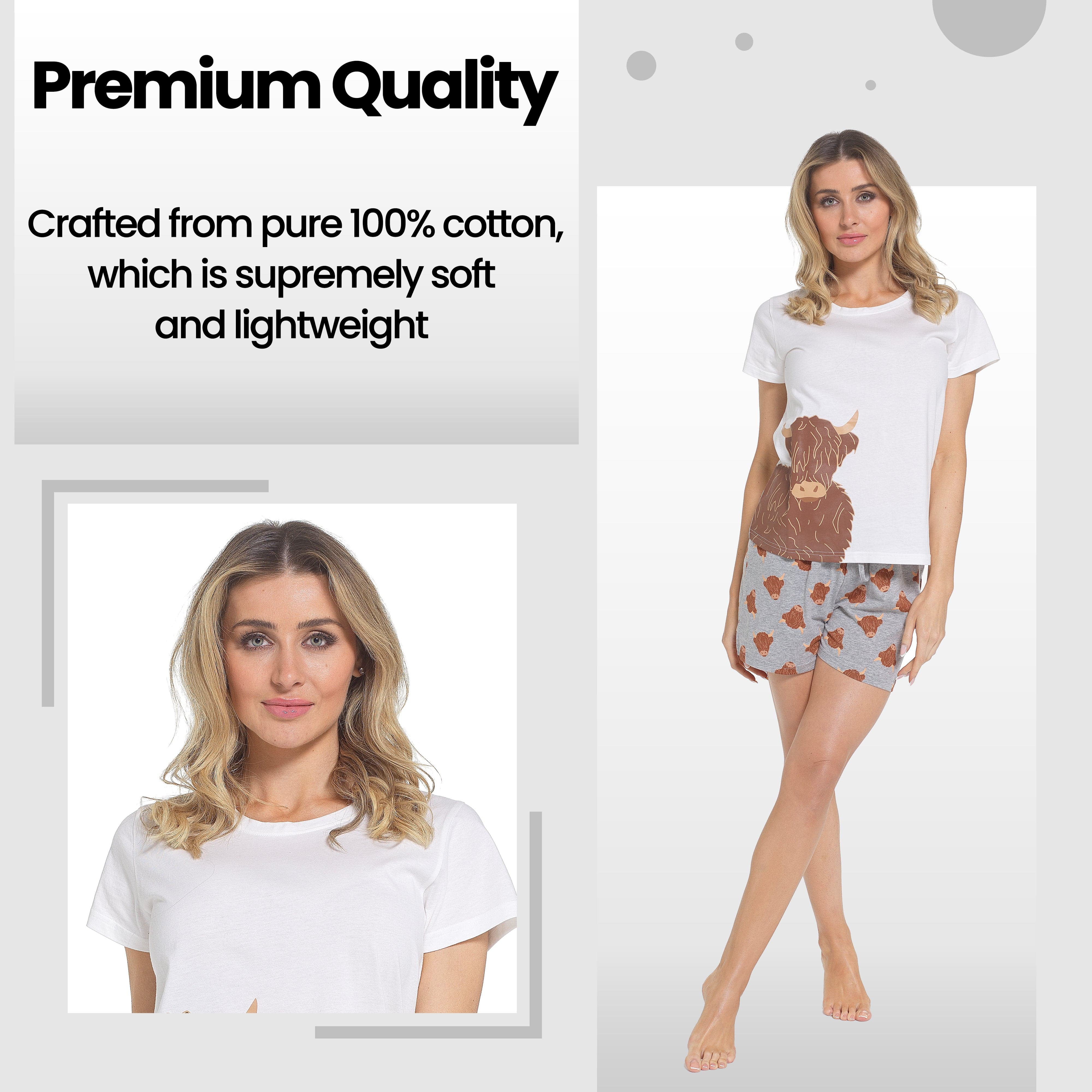 Women's Highland Cow Pyjama Set T Shirt And Shorts Soft Cotton Loungewear