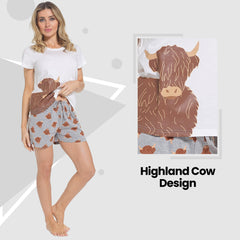 Women's Highland Cow Pyjama Set T Shirt And Shorts Soft Cotton Loungewear