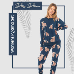 Women's Soft Fleece Pyjama Set With Long Sleeve Highland Cow Print Sleepwear