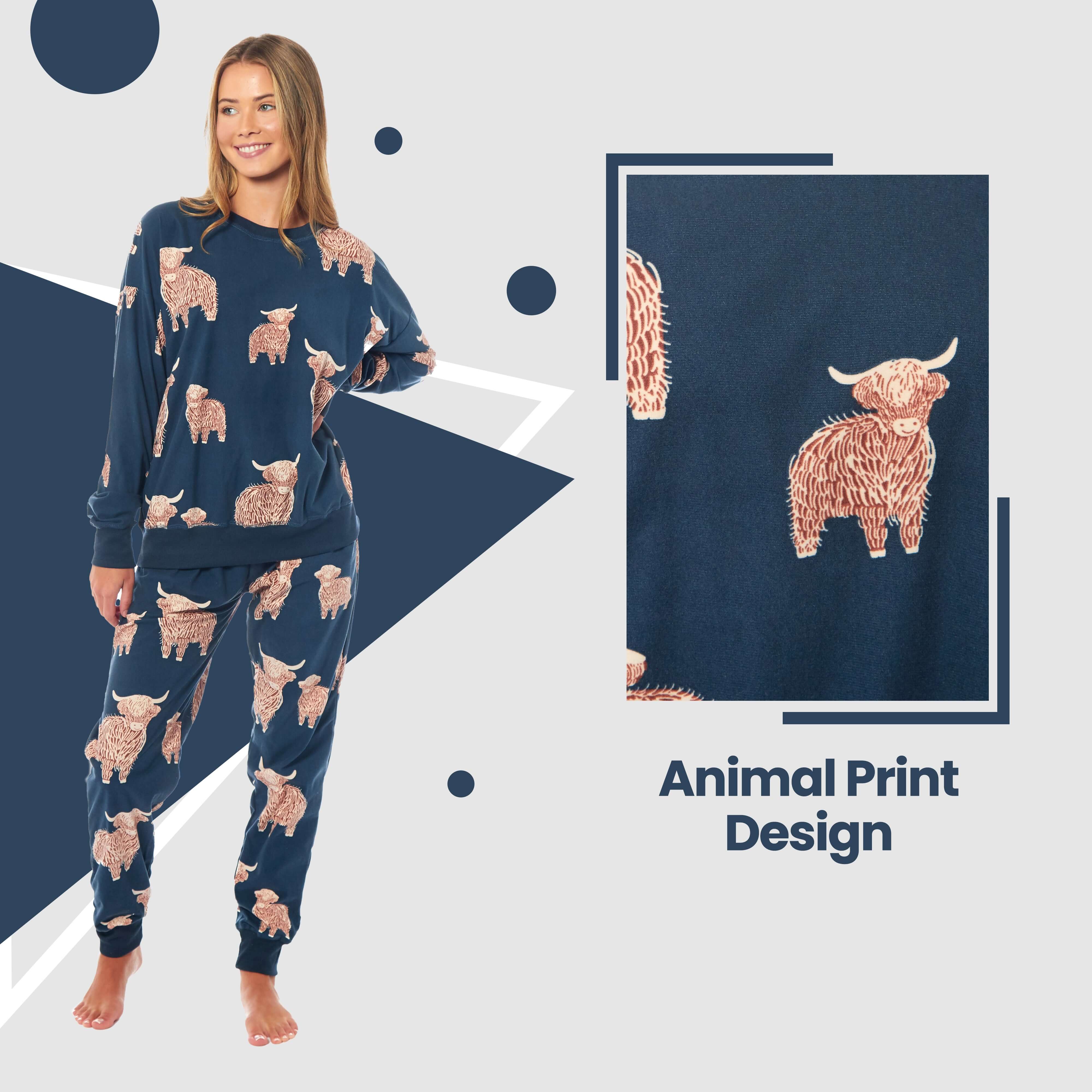 Women's Soft Fleece Pyjama Set With Long Sleeve Highland Cow Print Sleepwear