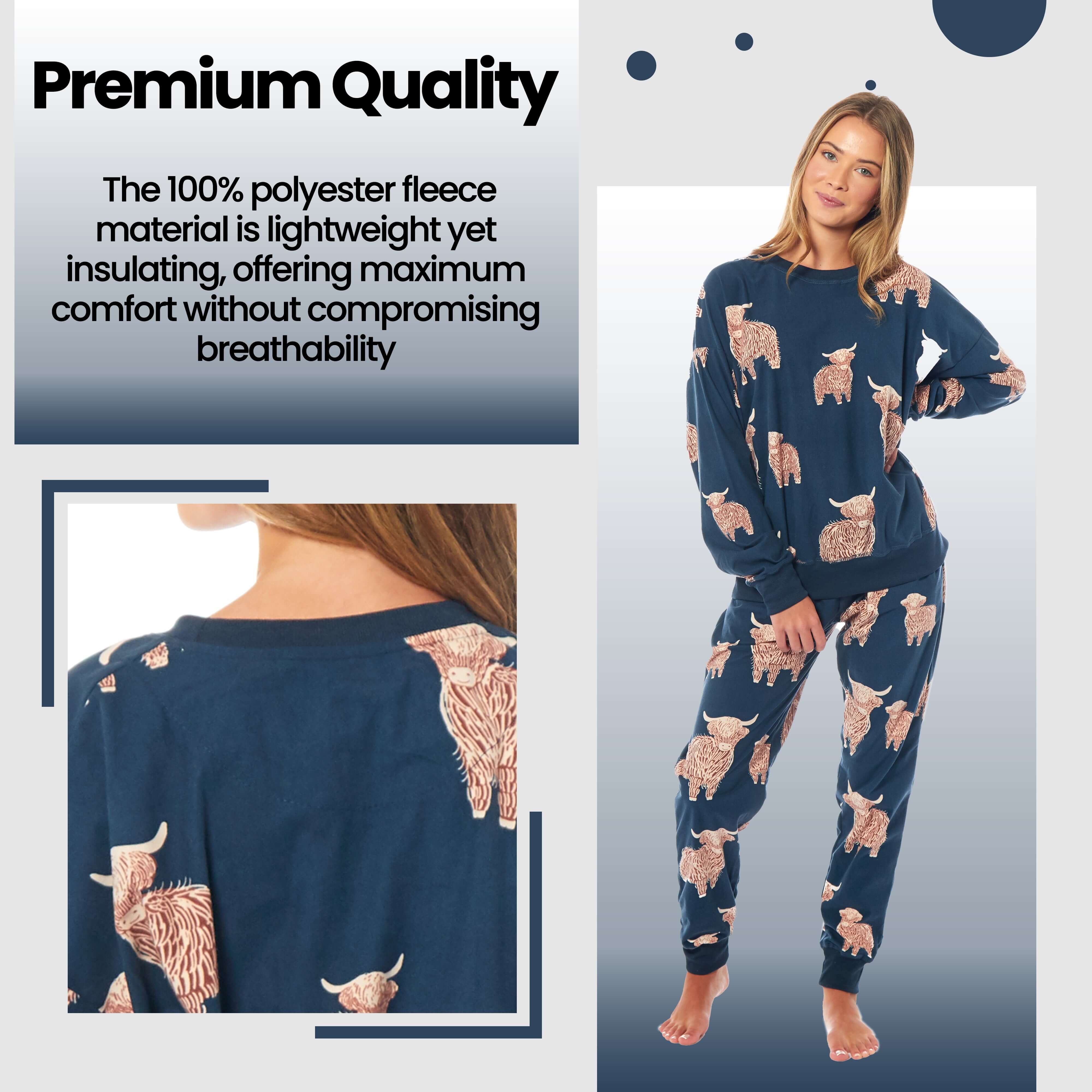 Women's Soft Fleece Pyjama Set With Long Sleeve Highland Cow Print Sleepwear