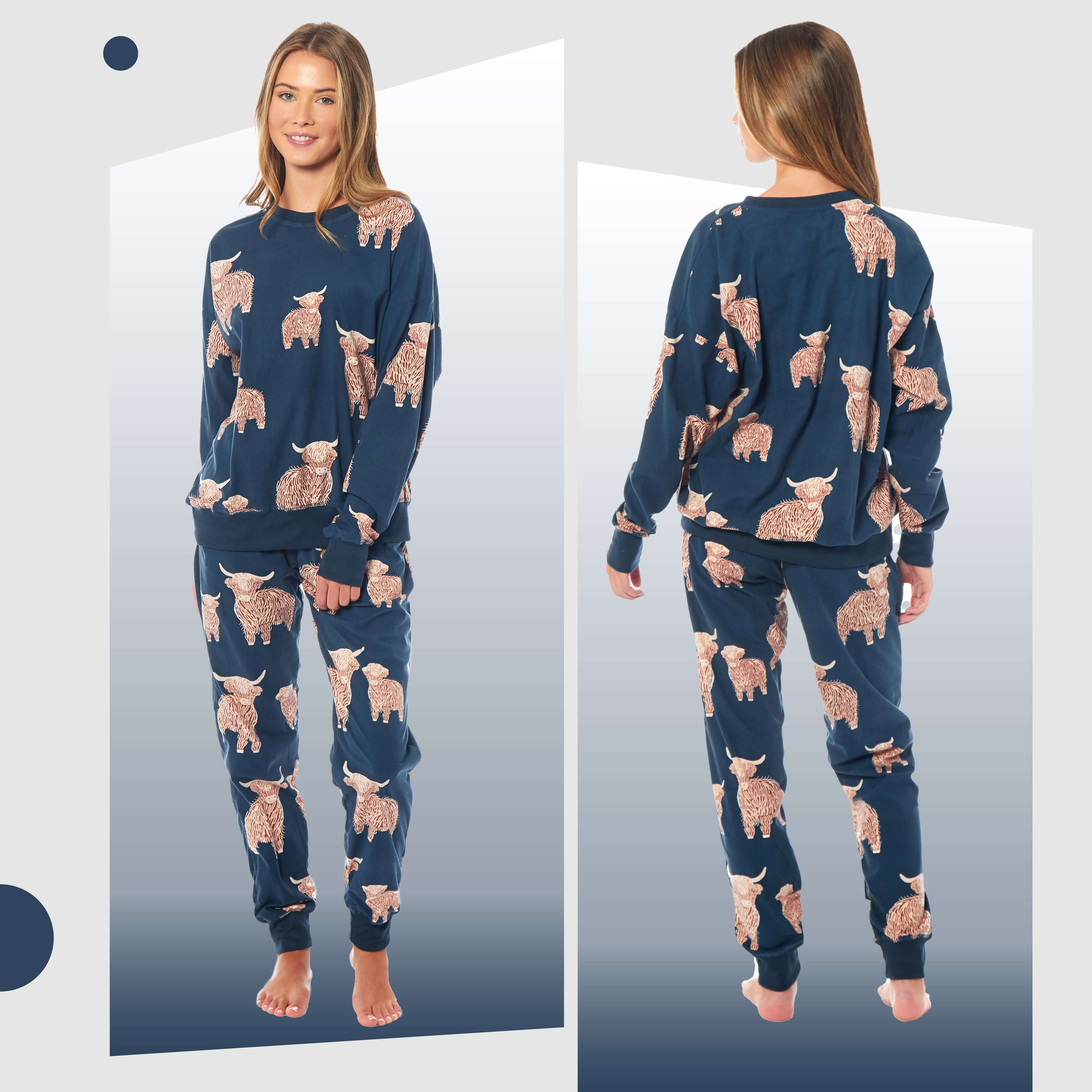 Women's Soft Fleece Pyjama Set With Long Sleeve Highland Cow Print Sleepwear