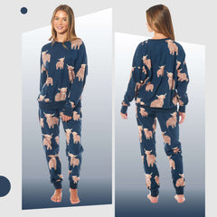 Women's Soft Fleece Pyjama Set With Long Sleeve Highland Cow Print Sleepwear