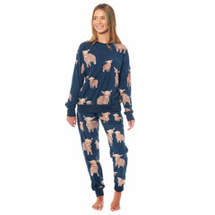 Women's Soft Fleece Pyjama Set With Long Sleeve Highland Cow Print Sleepwear