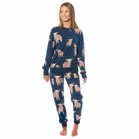Women's Soft Fleece Pyjama Set With Long Sleeve Highland Cow Print Sleepwear