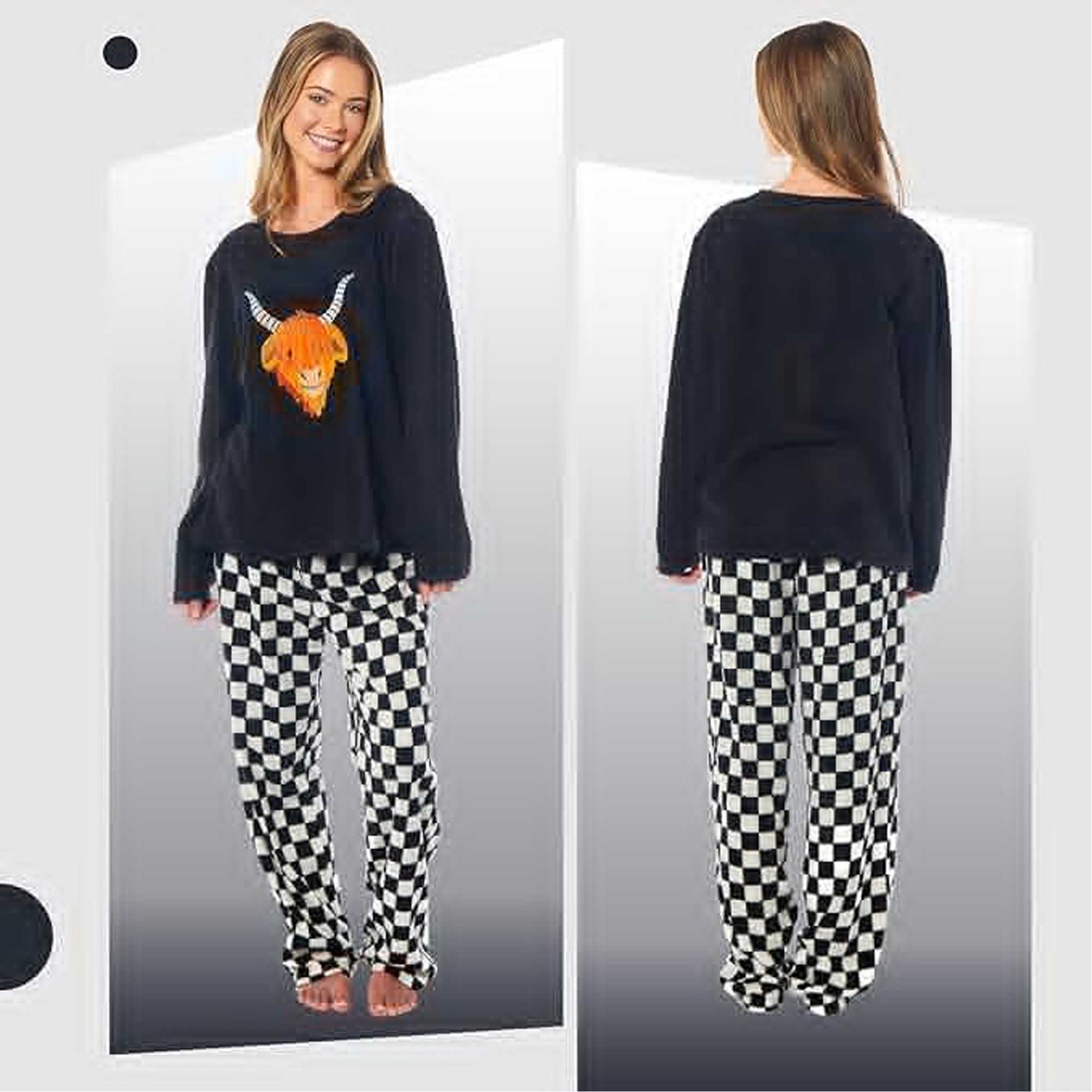 Women's Thermal Fleece Pyjama Set Animal Print Long Sleeve Cosy Winter