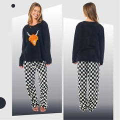 Women's Thermal Fleece Pyjama Set Animal Print Long Sleeve Cosy Winter