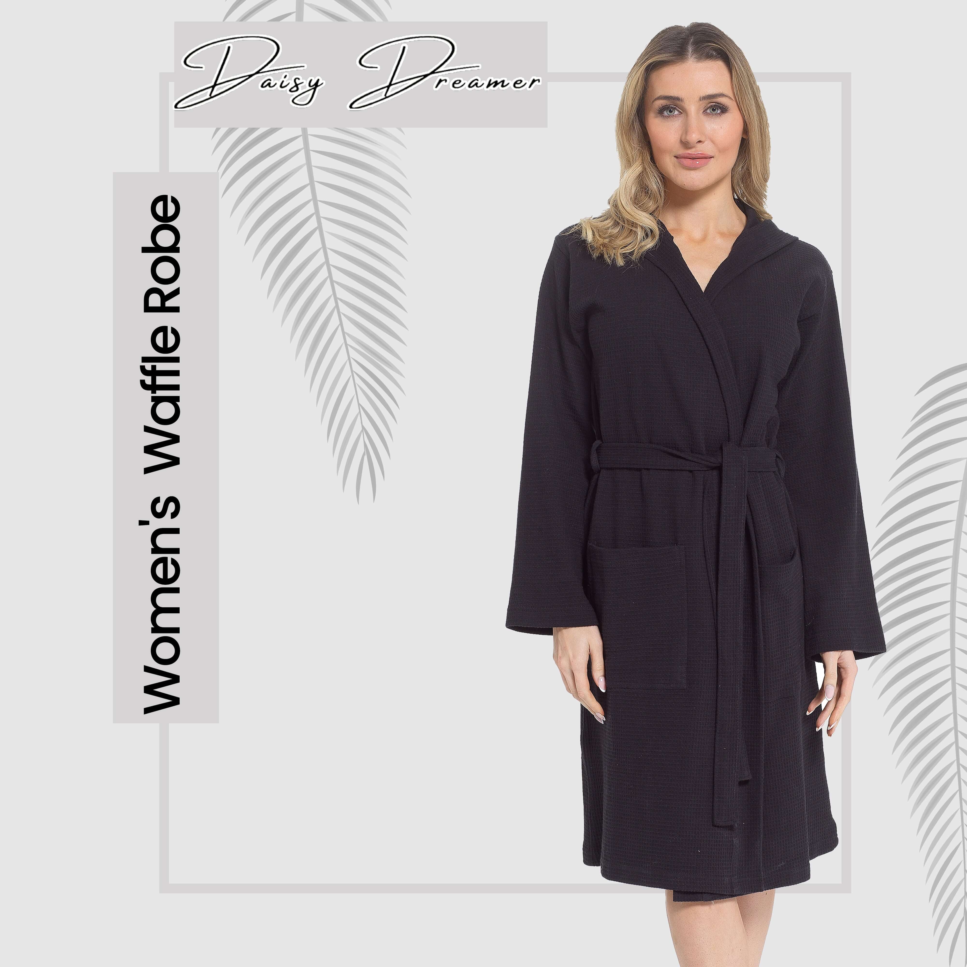 Women's Hooded Waffle Cotton Bathrobe Black 100% Cotton Super Absorbent Spa