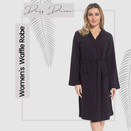 Women's Hooded Waffle Cotton Bathrobe Black 100% Cotton Super Absorbent Spa