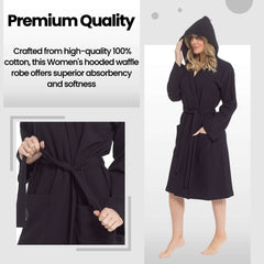 Women's Hooded Waffle Cotton Bathrobe Black 100% Cotton Super Absorbent Spa