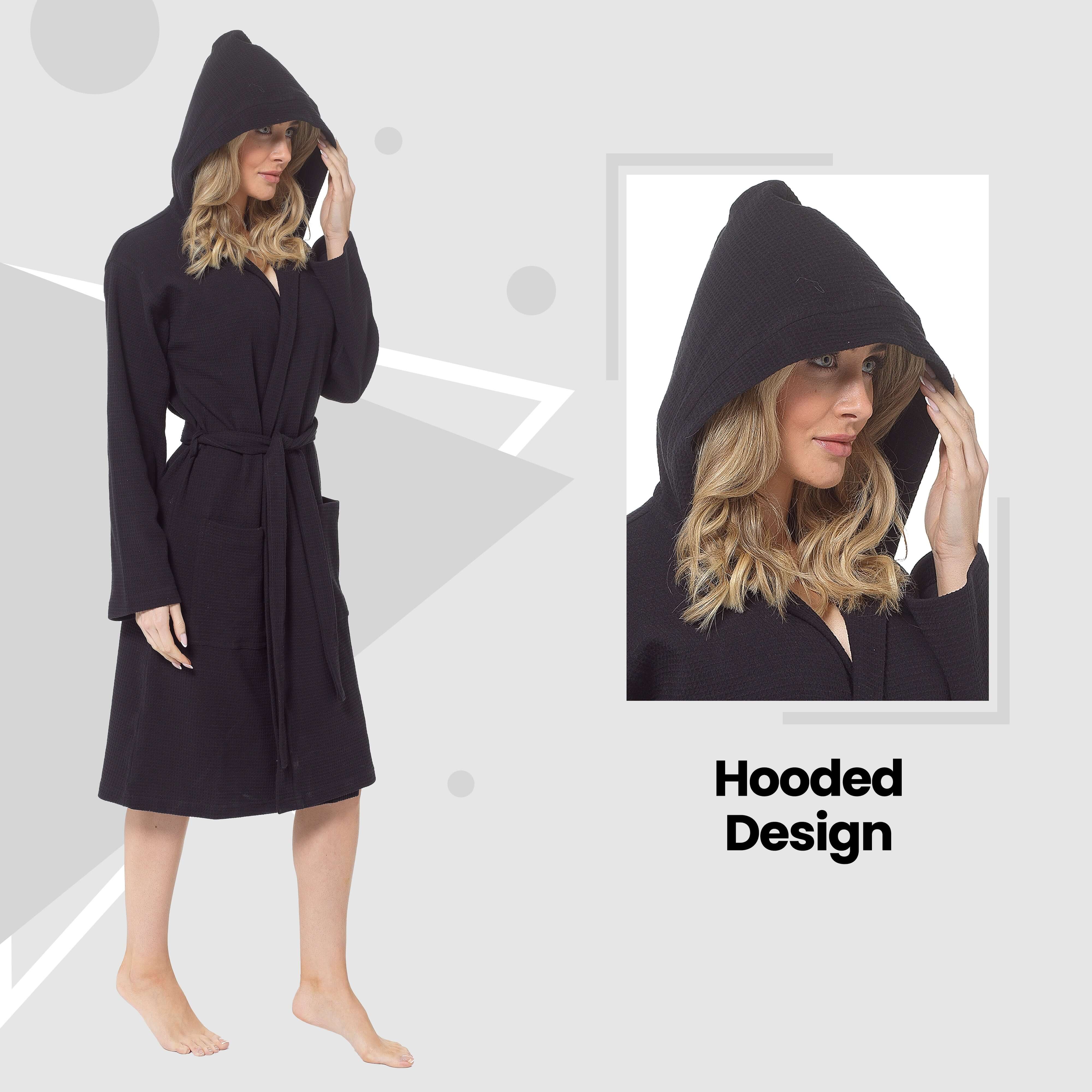 Women's Hooded Waffle Cotton Bathrobe Black 100% Cotton Super Absorbent Spa