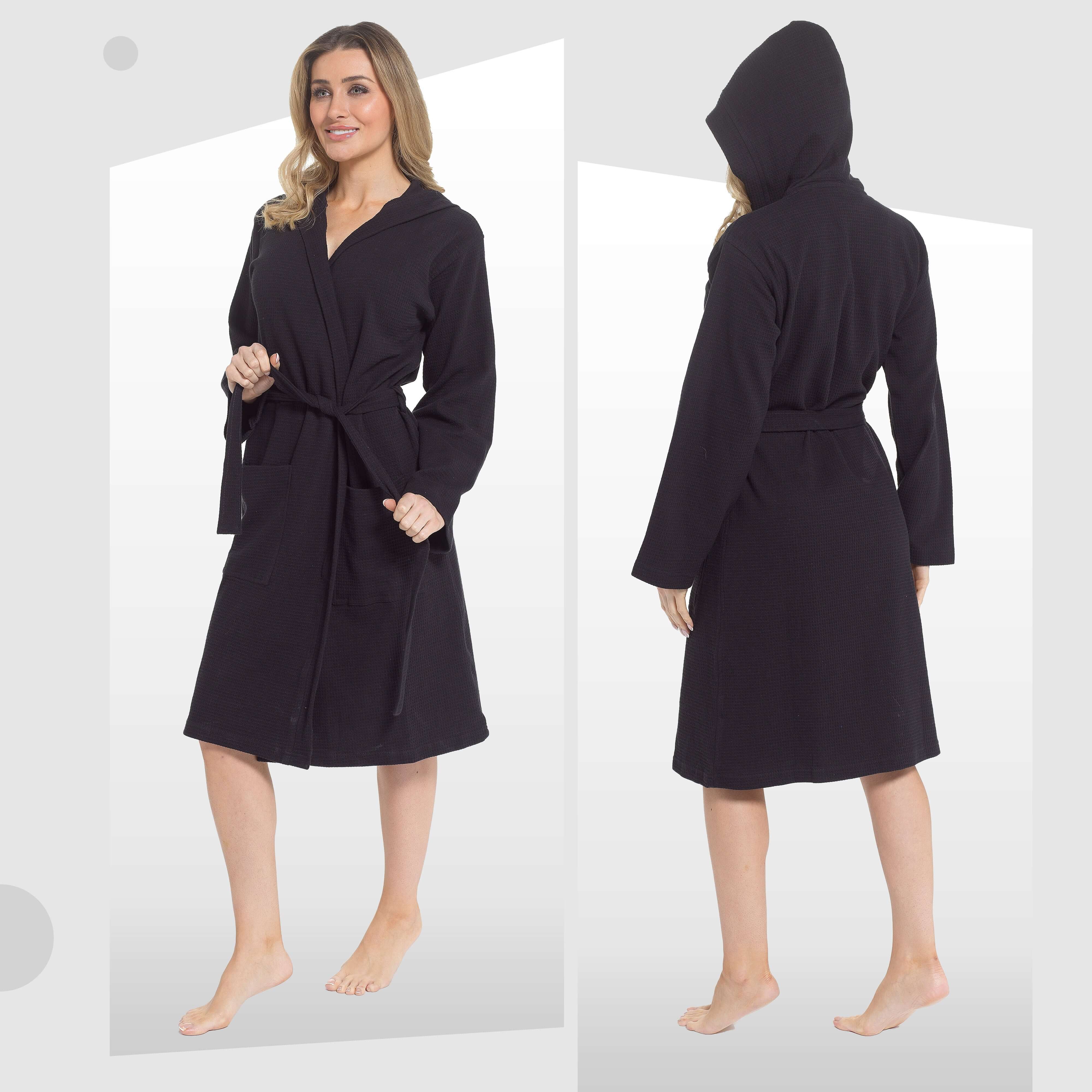 Women's Hooded Waffle Cotton Bathrobe Black 100% Cotton Super Absorbent Spa