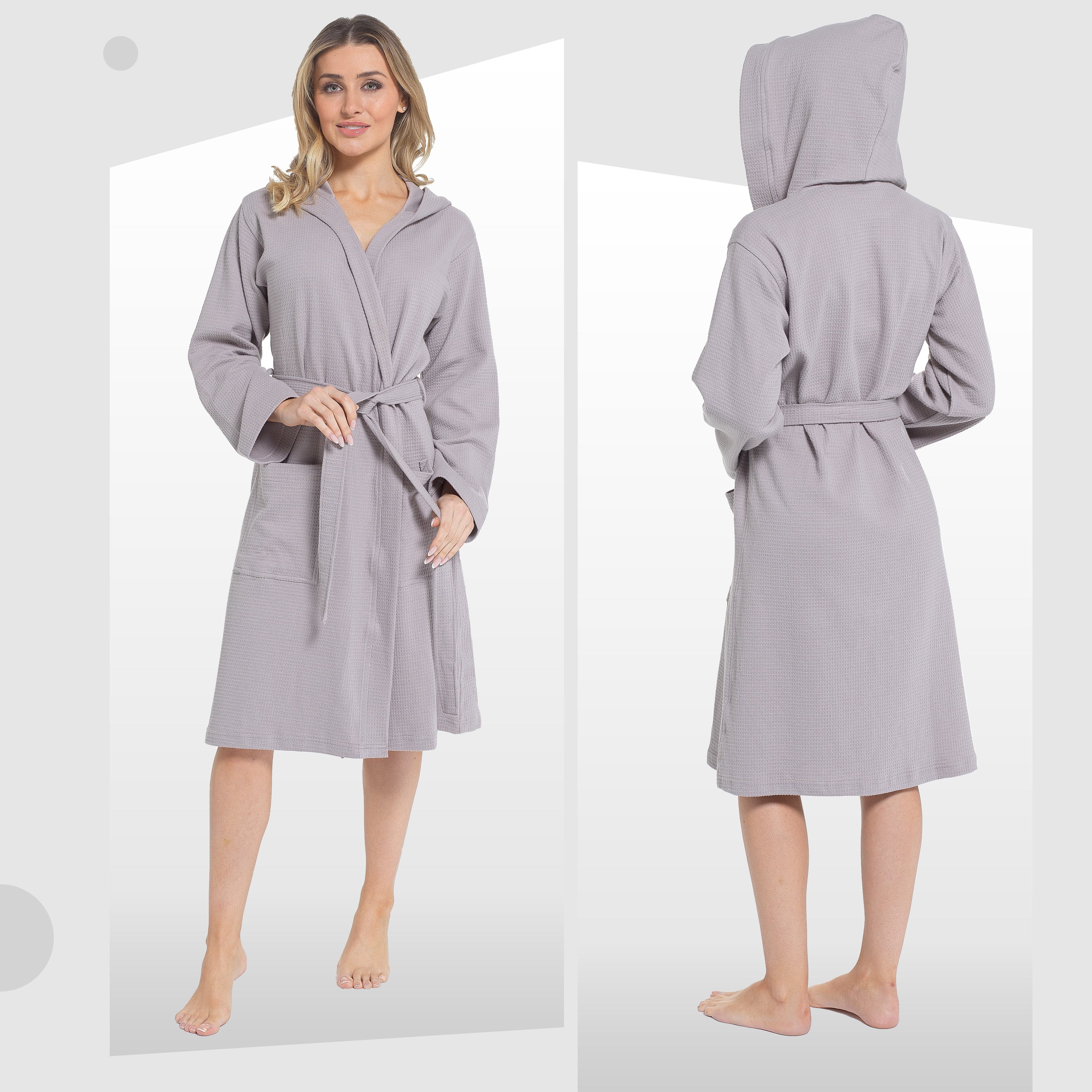 Women's Hooded Waffle Cotton Bathrobe 100% Cotton Grey Super Absorbent