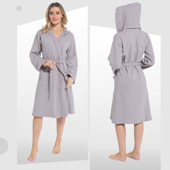 Women's Hooded Waffle Cotton Bathrobe 100% Cotton Grey Super Absorbent