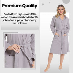 Women's Hooded Waffle Cotton Bathrobe 100% Cotton Grey Super Absorbent