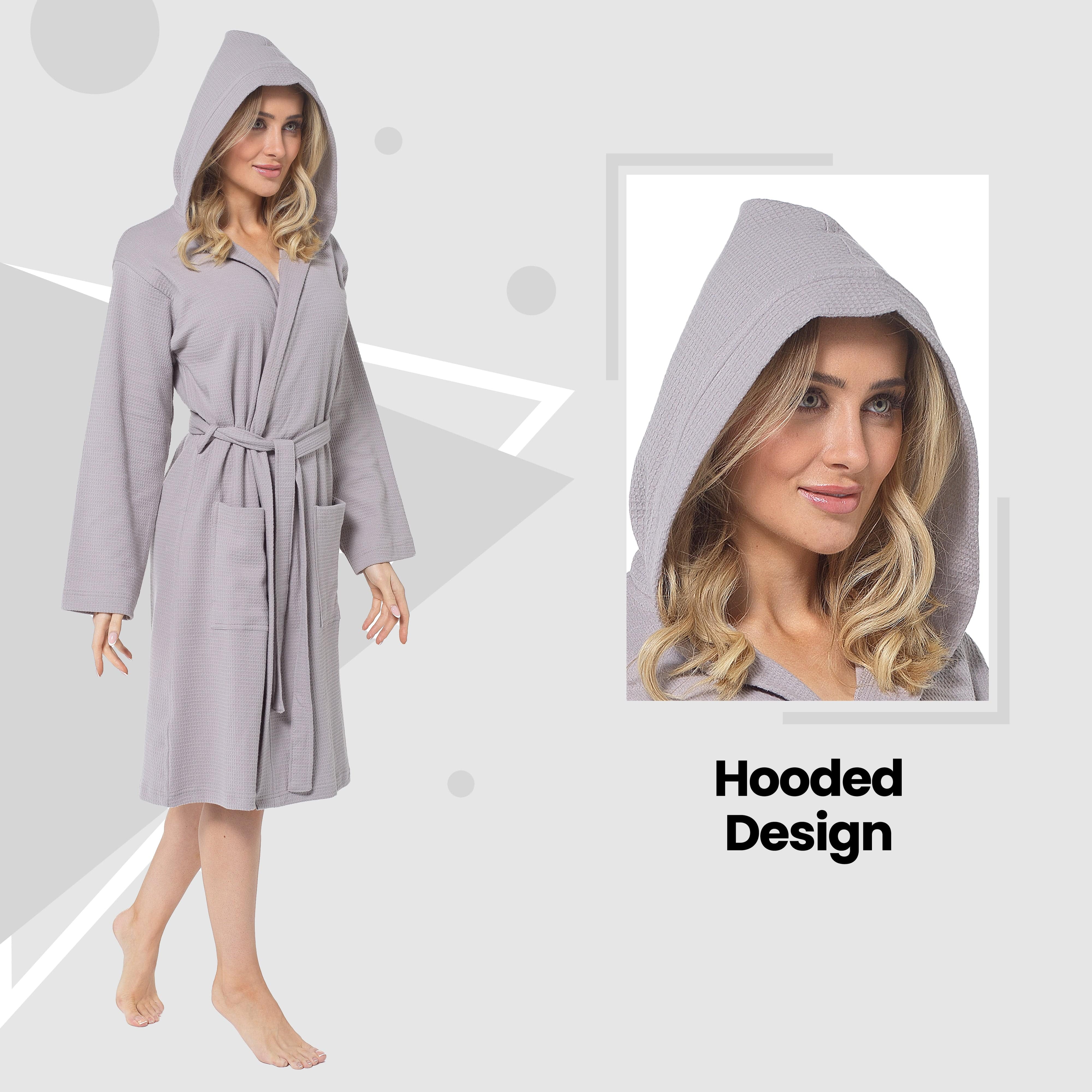 Women's Hooded Waffle Cotton Bathrobe 100% Cotton Grey Super Absorbent