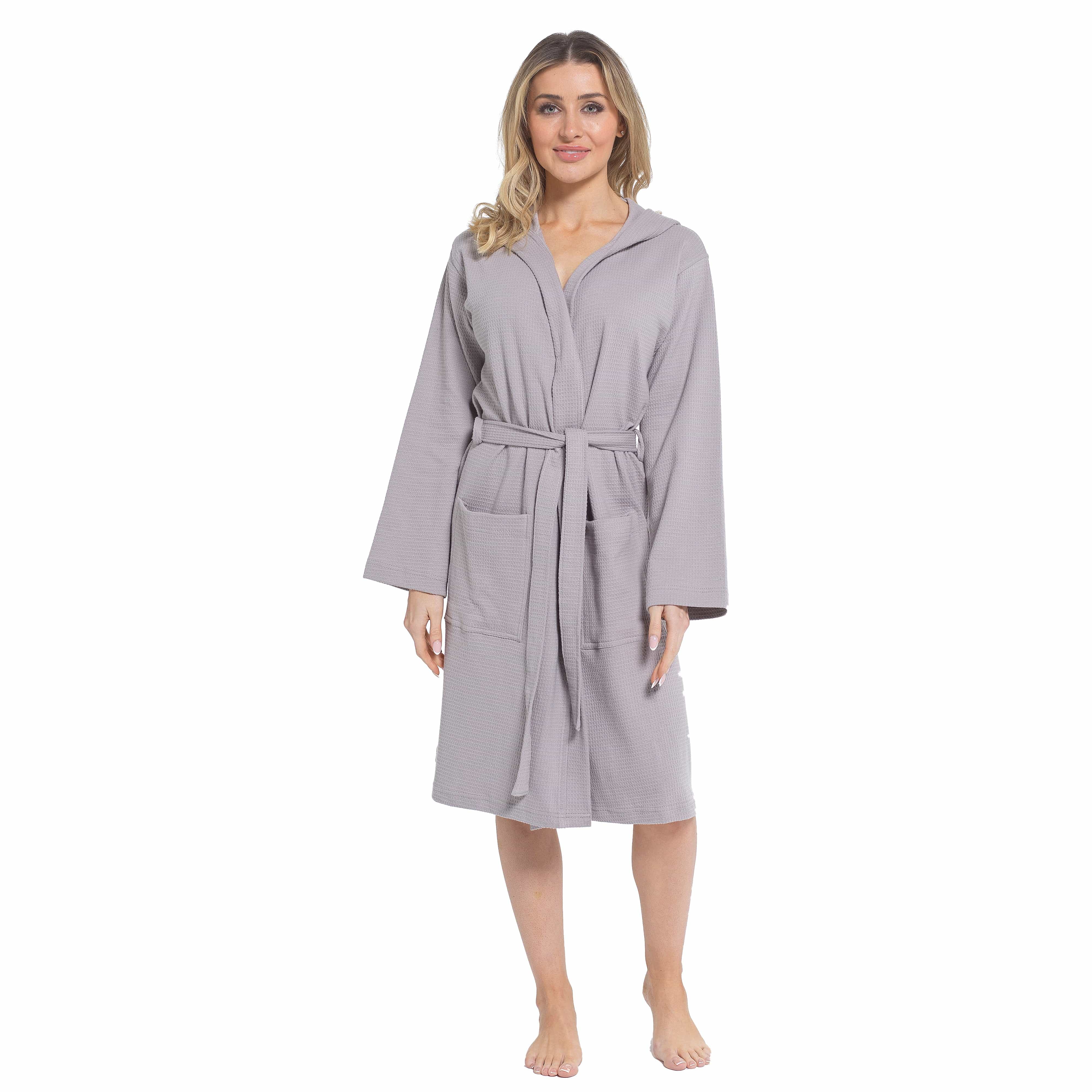 Women's Hooded Waffle Cotton Bathrobe 100% Cotton Grey Super Absorbent