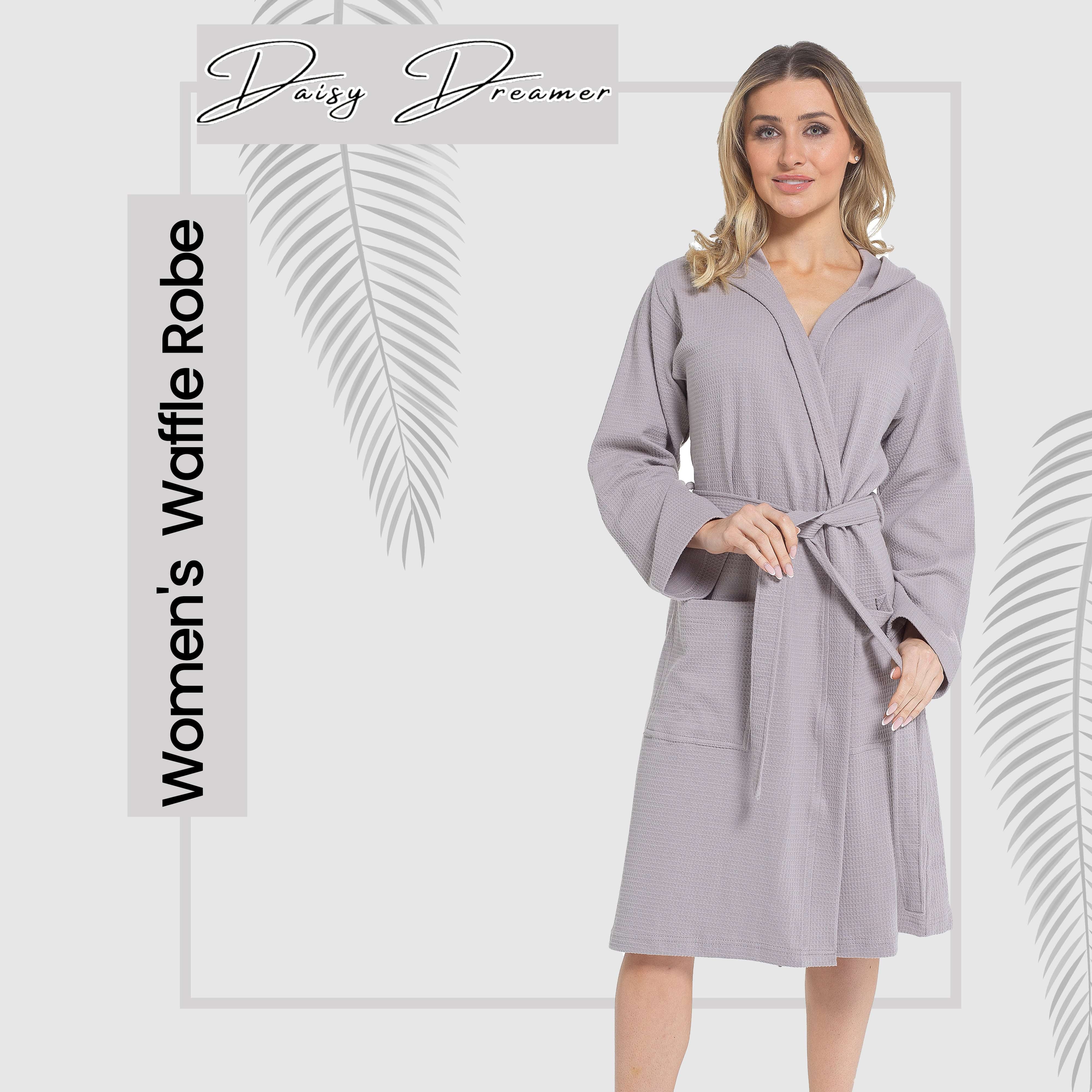 Women's Hooded Waffle Cotton Bathrobe 100% Cotton Grey Super Absorbent