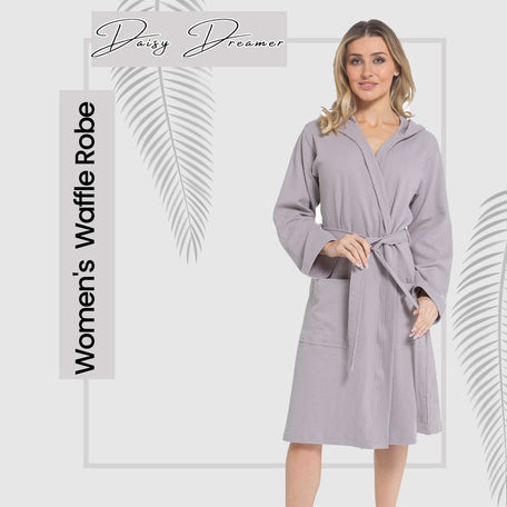 Women's Hooded Waffle Cotton Bathrobe 100% Cotton Grey Super Absorbent