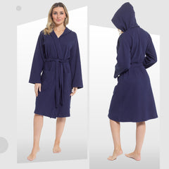 Women's Hooded Waffle Cotton Bathrobe Navy 100% Cotton Absorbent Spa