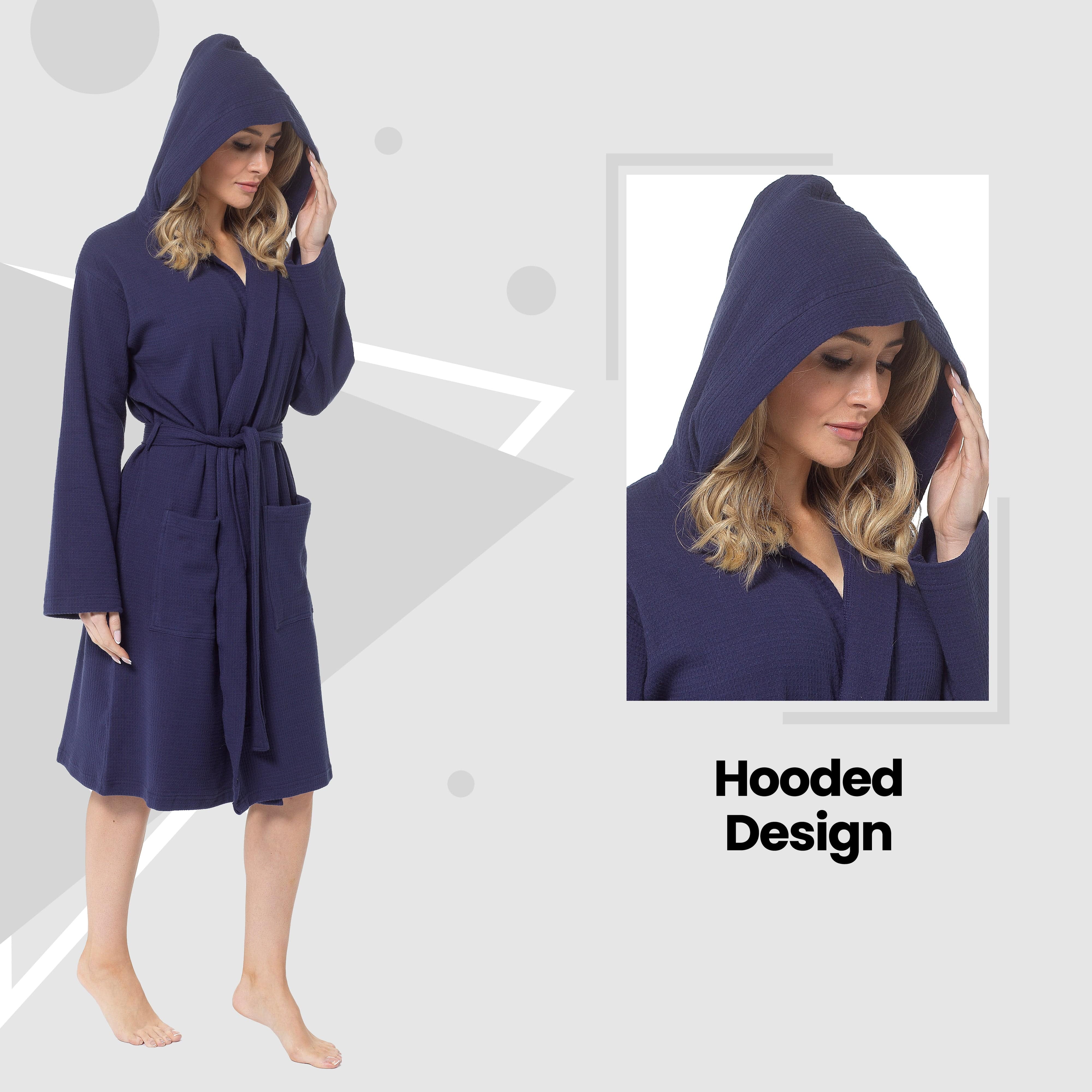 Women's Hooded Waffle Cotton Bathrobe Navy 100% Cotton Absorbent Spa