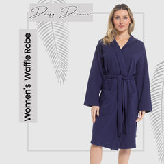 Women's Hooded Waffle Cotton Bathrobe Navy 100% Cotton Absorbent Spa