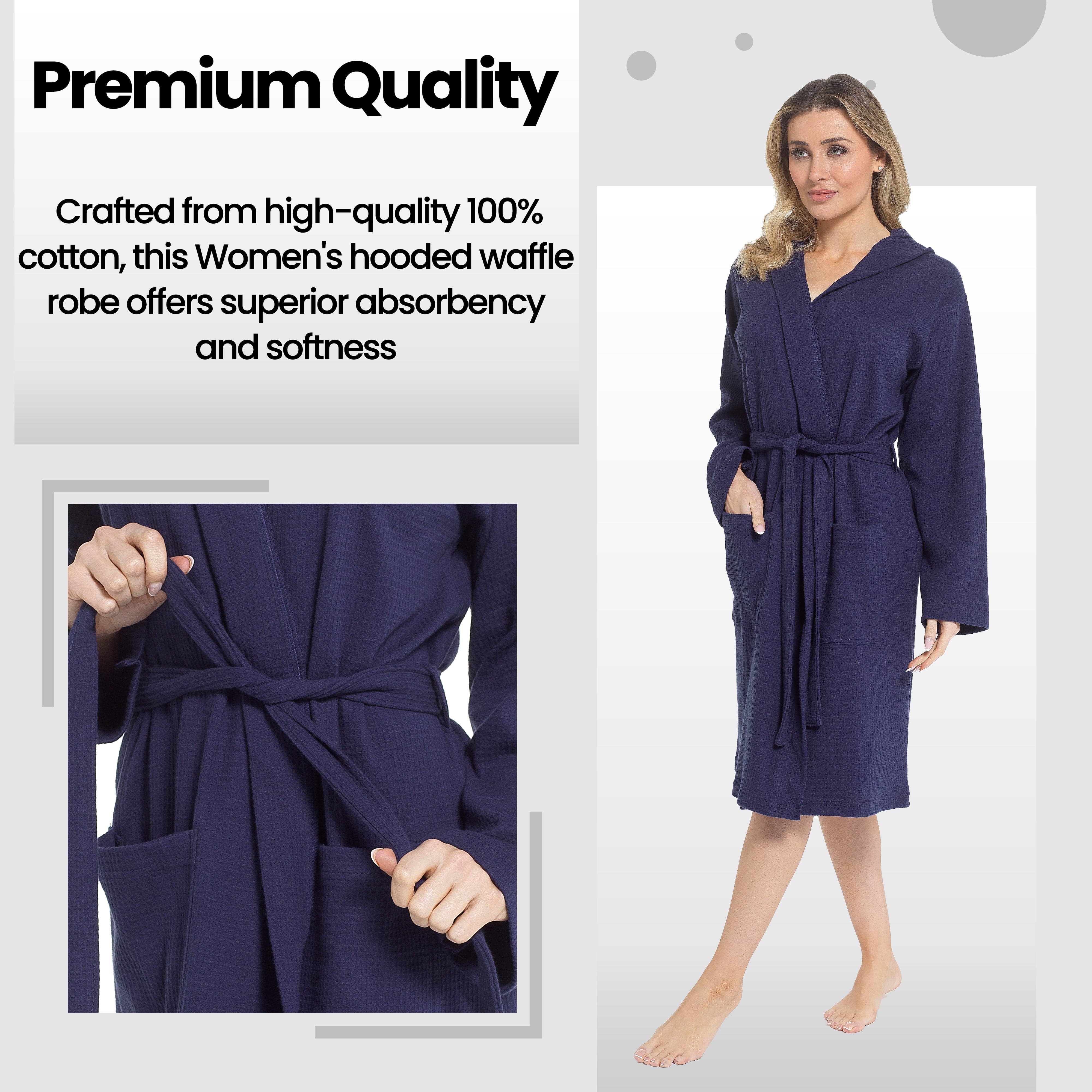 Women's Hooded Waffle Cotton Bathrobe Navy 100% Cotton Absorbent Spa