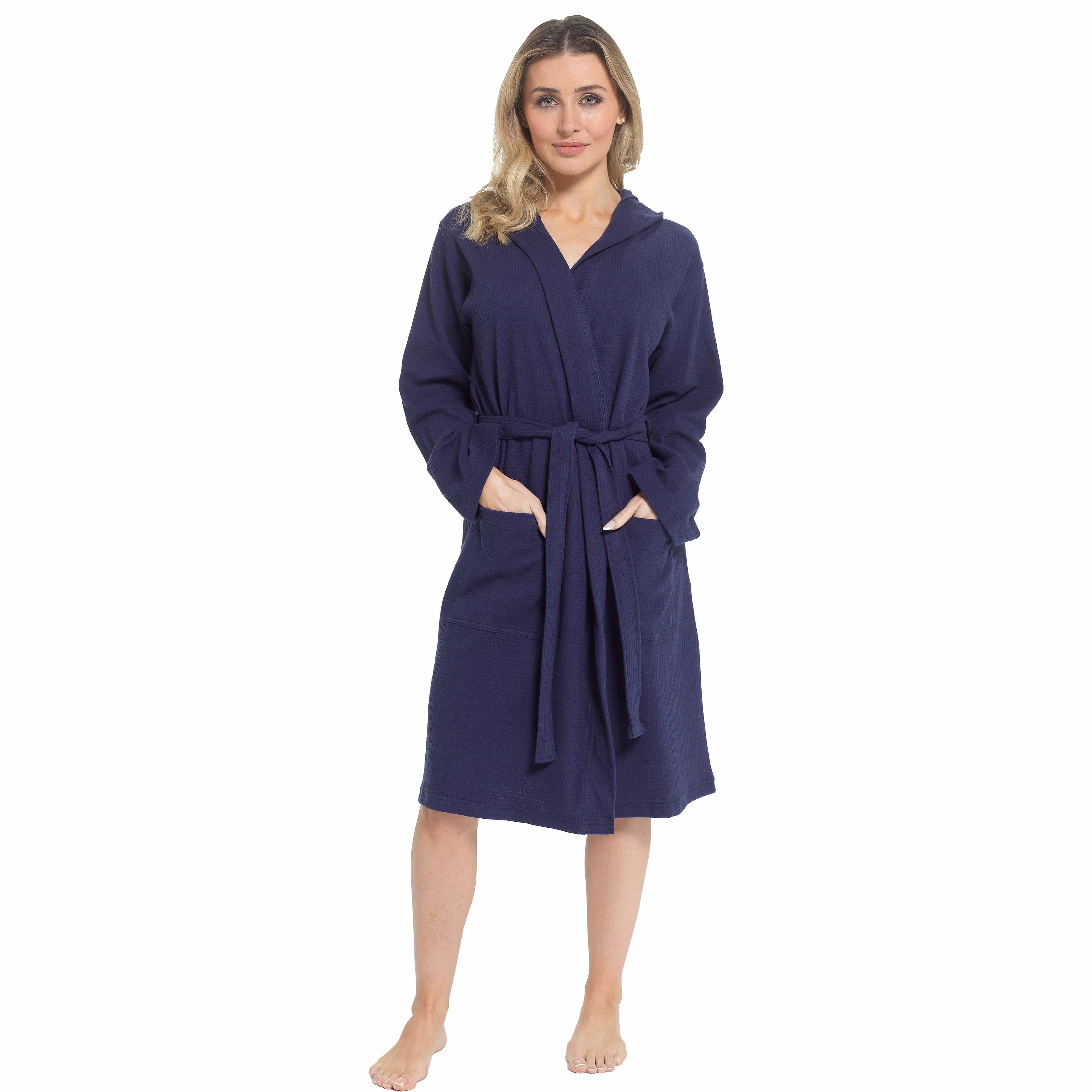 Women's Hooded Waffle Cotton Bathrobe Navy 100% Cotton Absorbent Spa