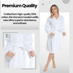 Women's Hooded Waffle Cotton Bathrobe White 100% Cotton Super Absorbent Spa