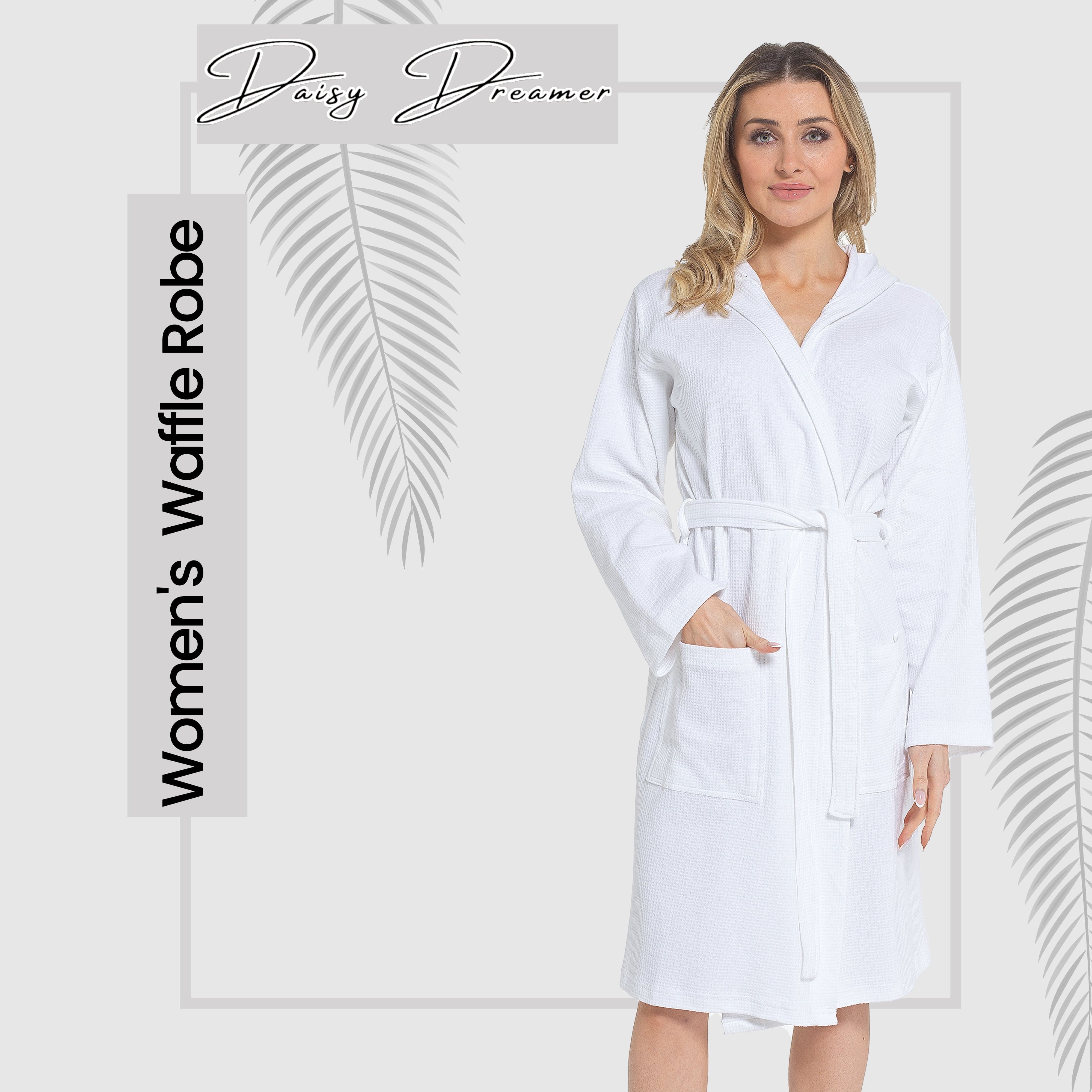 Women's Hooded Waffle Cotton Bathrobe White 100% Cotton Super Absorbent Spa