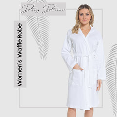 Women's Hooded Waffle Cotton Bathrobe White 100% Cotton Super Absorbent Spa