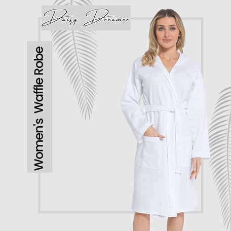 Women's Hooded Waffle Cotton Bathrobe White 100% Cotton Super Absorbent Spa