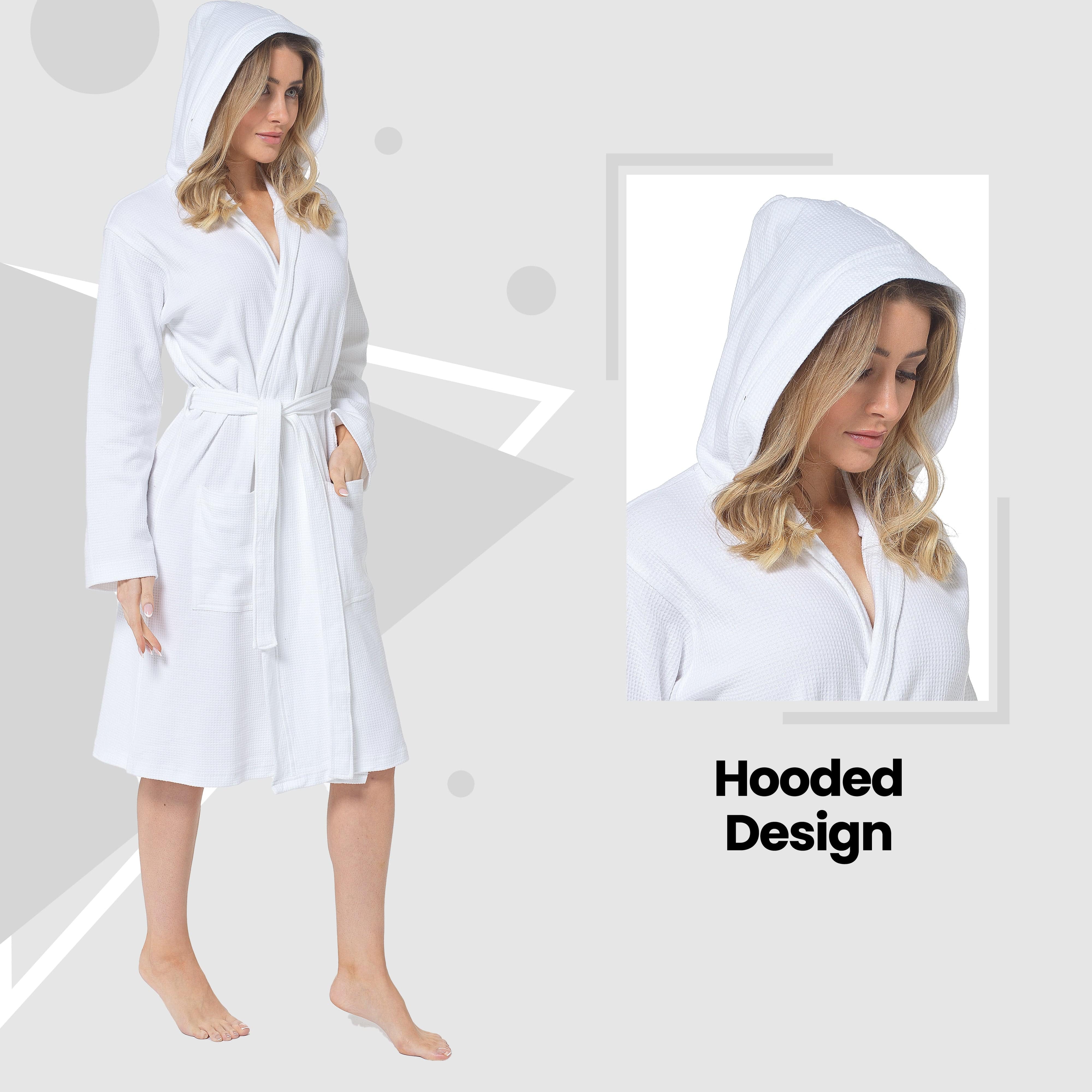 Women's Hooded Waffle Cotton Bathrobe White 100% Cotton Super Absorbent Spa