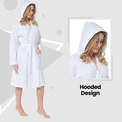 Women's Hooded Waffle Cotton Bathrobe White 100% Cotton Super Absorbent Spa