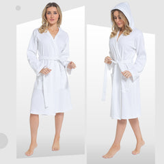 Women's Hooded Waffle Cotton Bathrobe White 100% Cotton Super Absorbent Spa