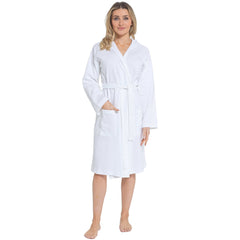 Women's Hooded Waffle Cotton Bathrobe White 100% Cotton Super Absorbent Spa