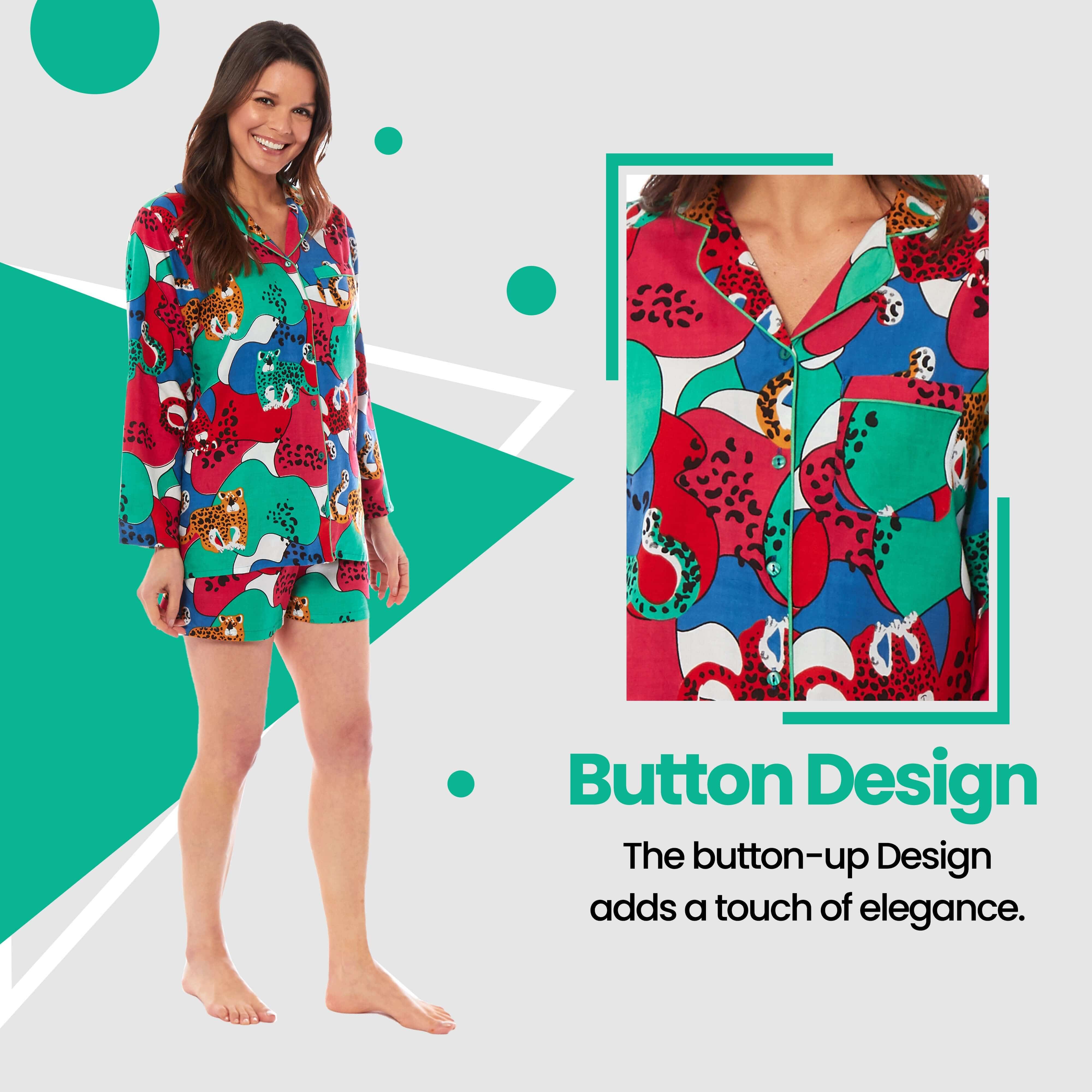 Women's Jaguar Jungle Leopard Short Pyjama Set Button Up Sleepwear