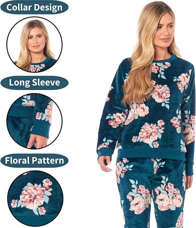 Women's Floral Fleece Pyjama Set With Long Sleeve Top And Elastic Waist