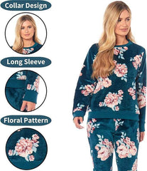 Women's Floral Fleece Pyjama Set With Long Sleeve Top And Elastic Waist