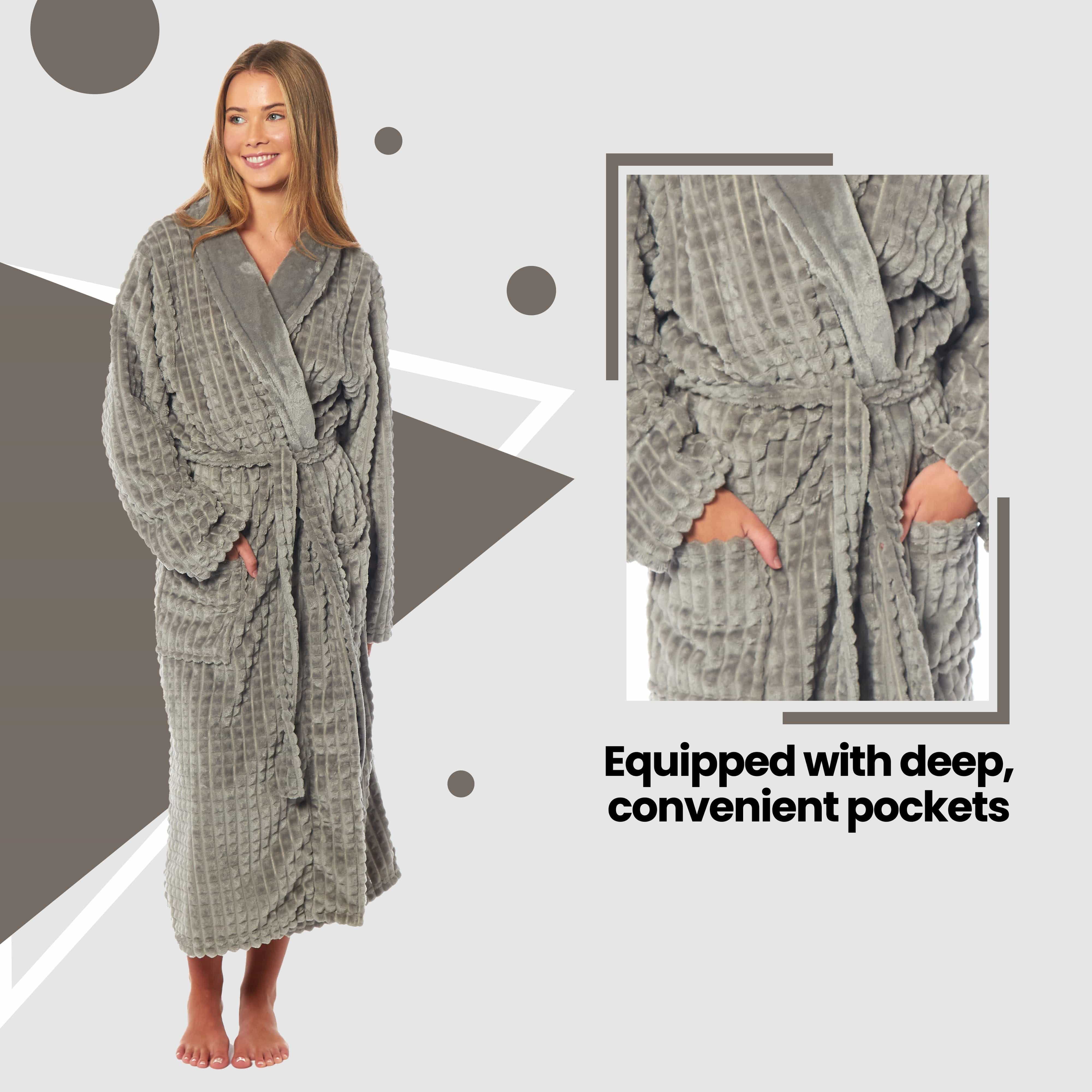 Women's Waffle Fleece Robe Long Belted Pockets Luxurious Dressing Gown