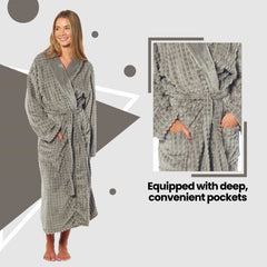 Women's Waffle Fleece Robe Long Belted Pockets Luxurious Dressing Gown