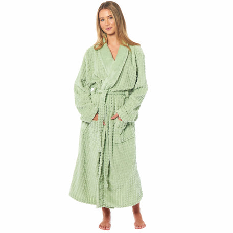 Women's Waffle Fleece Robe Long Belted Pockets Luxurious Dressing Gown