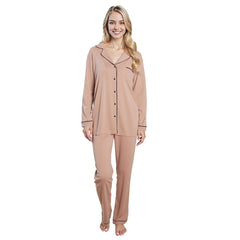 Women's Natural Pyjama Set Soft Touch Fabric Long Sleeve Top Easy Care